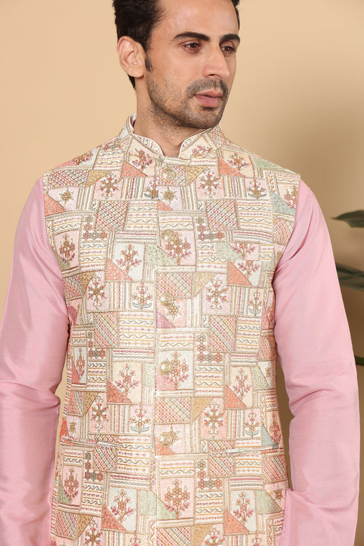 Men's Woven Design Multi-Colour Embroidered Nehru Jacket | SHOBITAM