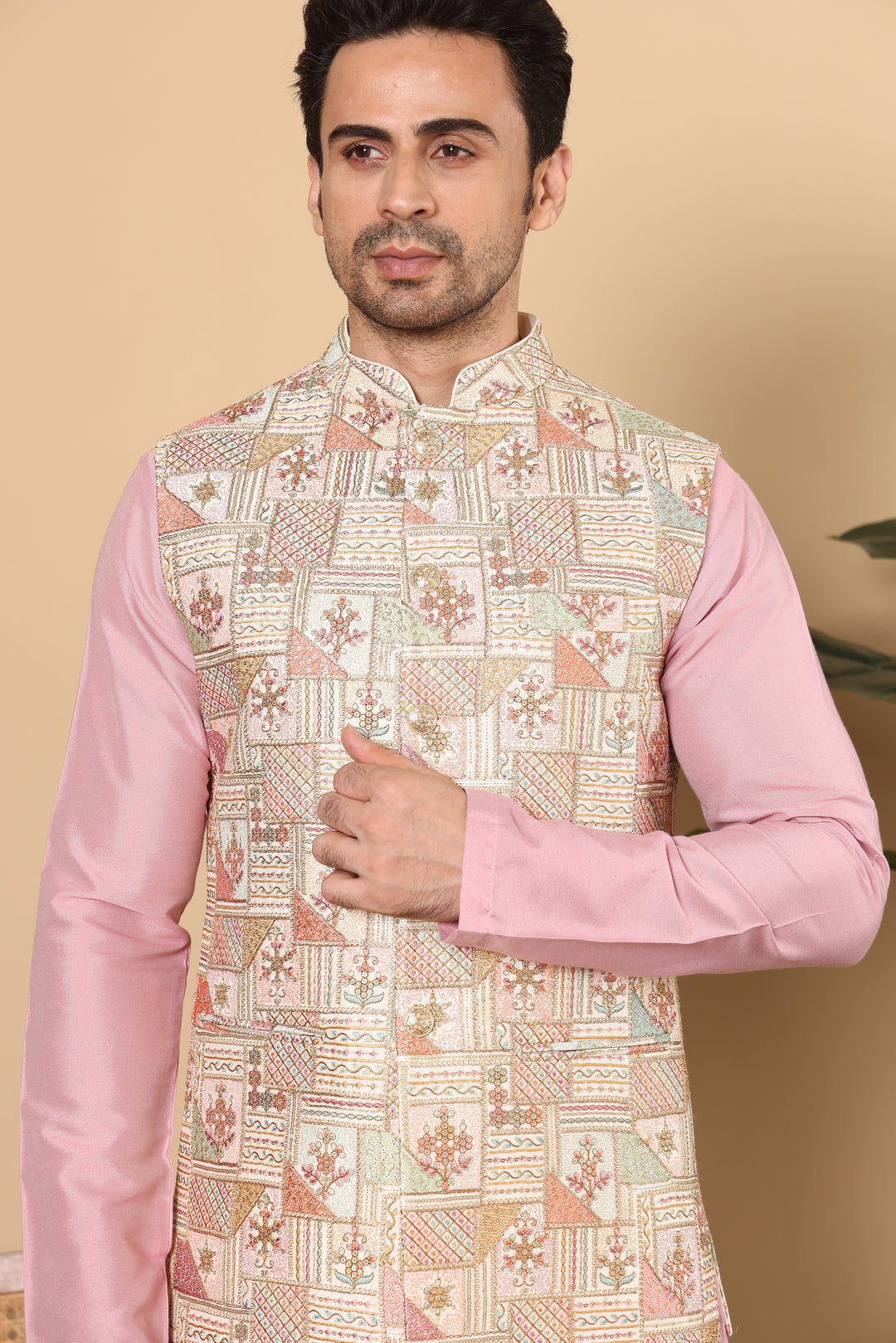 Men's Woven Design Multi-Colour Embroidered Nehru Jacket | SHOBITAM
