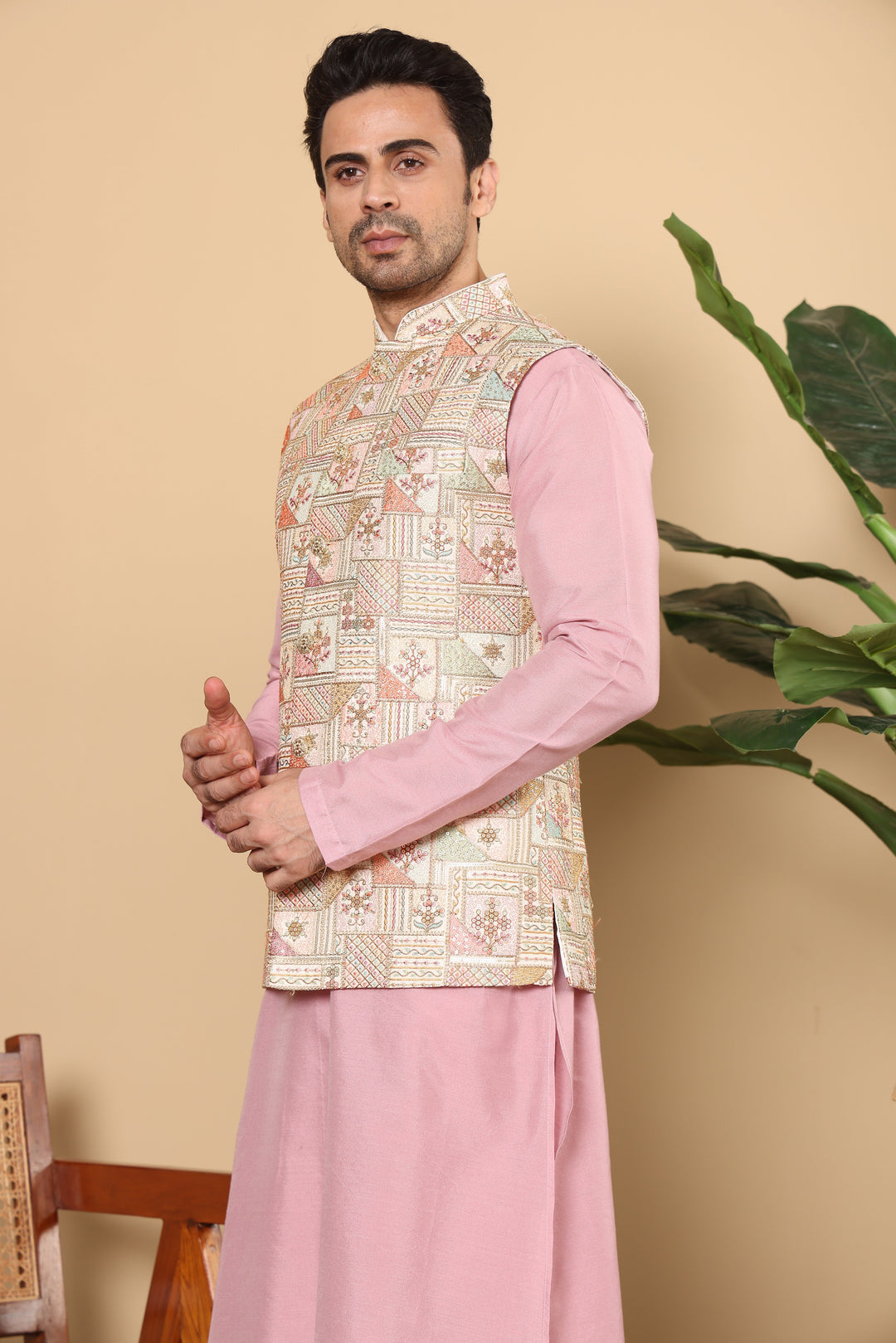 Men's Woven Design Multi-Colour Embroidered Nehru Jacket | SHOBITAM