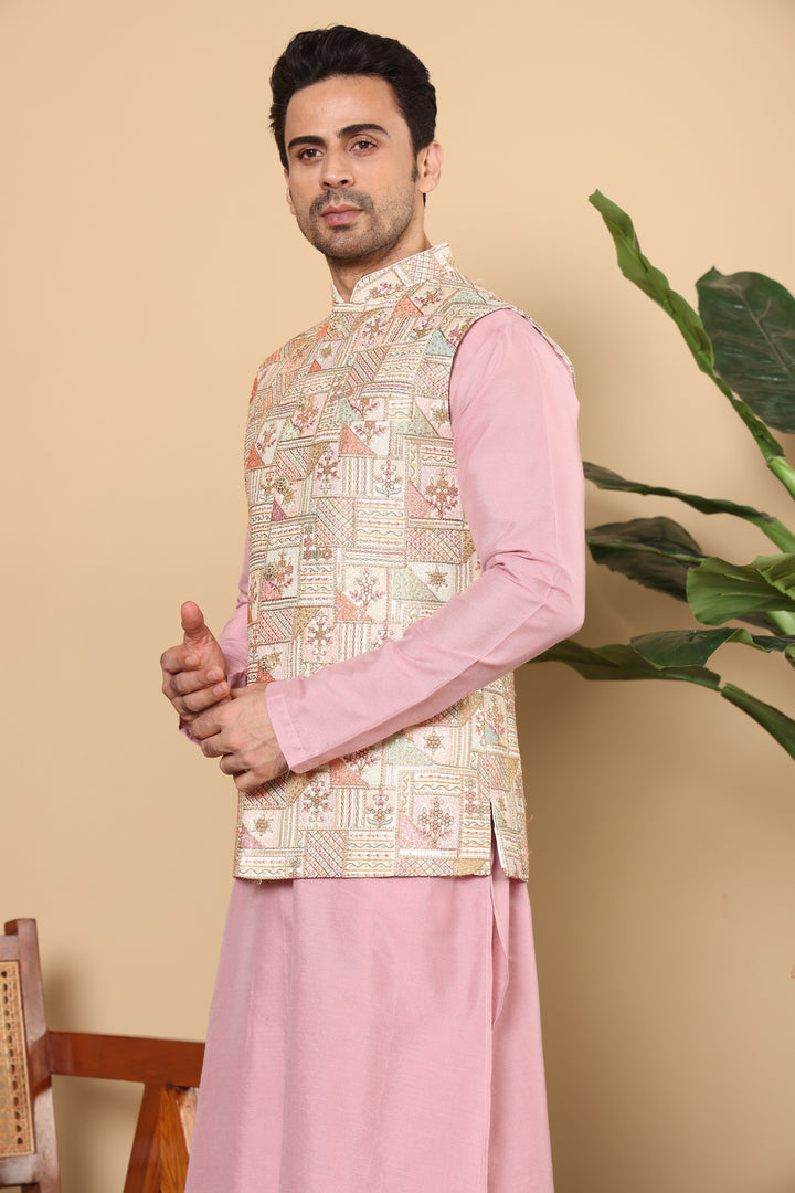 Men's Woven Design Multi-Colour Embroidered Nehru Jacket | SHOBITAM