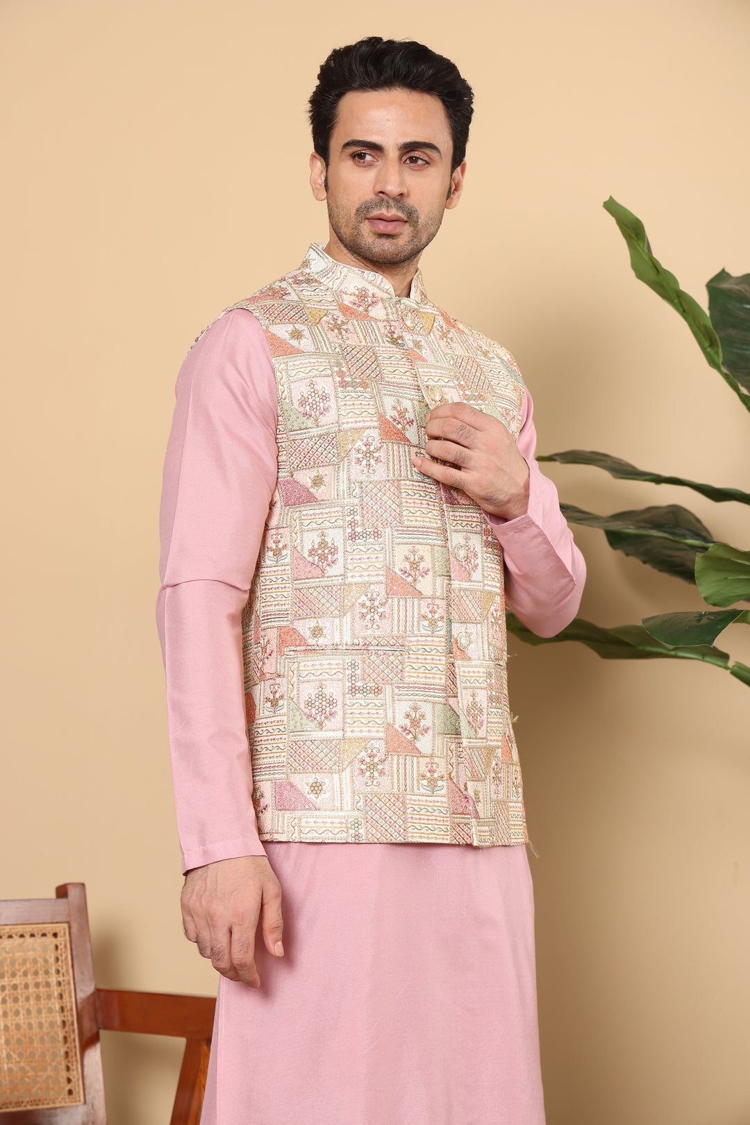 Men's Woven Design Multi-Colour Embroidered Nehru Jacket | SHOBITAM
