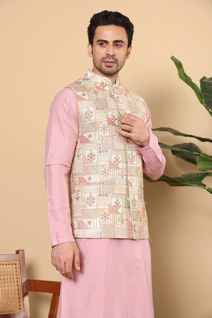Men's Woven Design Multi-Colour Embroidered Nehru Jacket | SHOBITAM