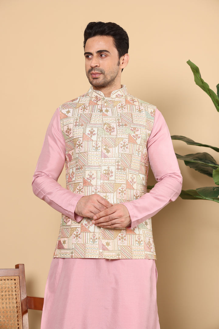 Men's Woven Design Multi-Colour Embroidered Nehru Jacket | SHOBITAM