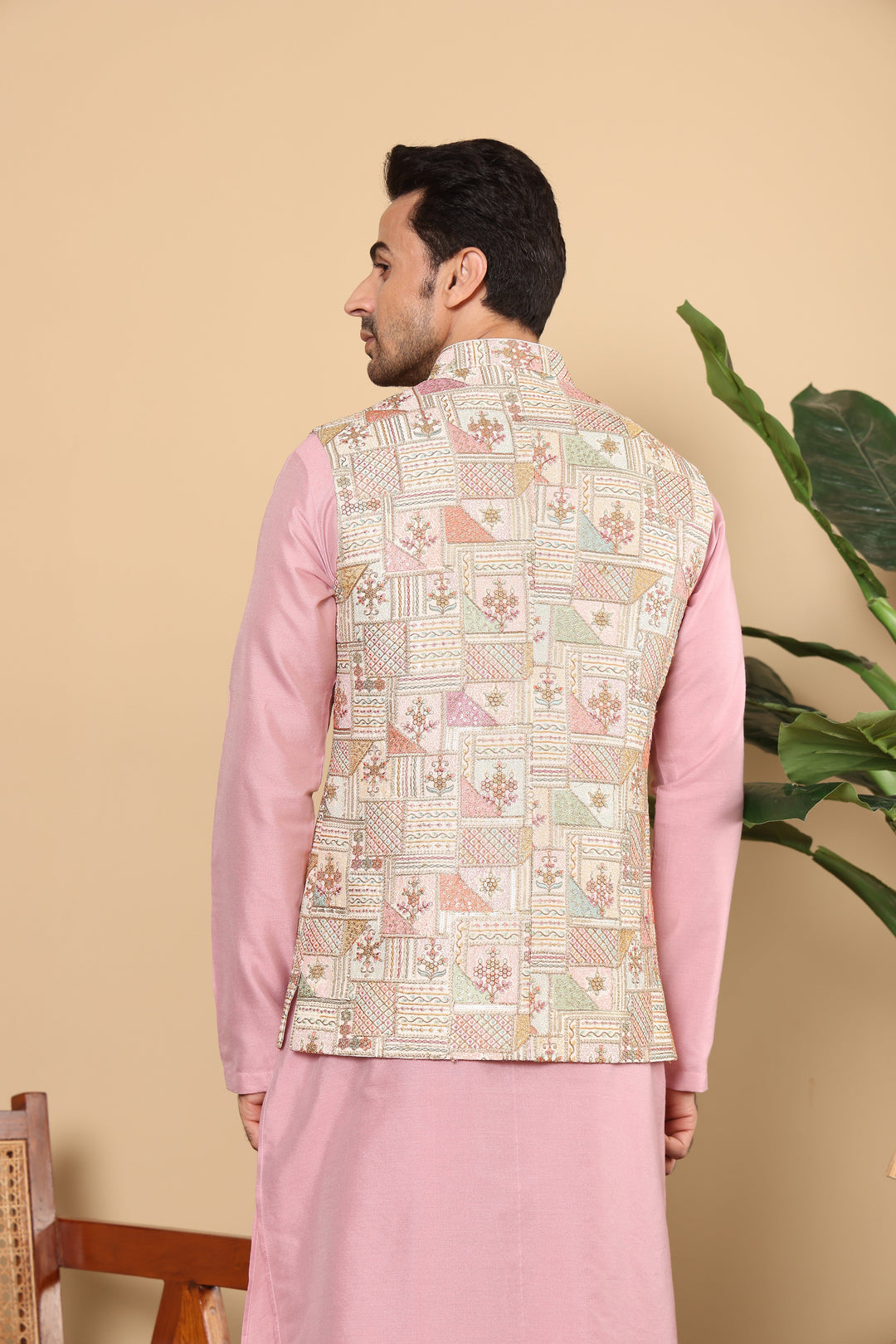 Men's Woven Design Multi-Colour Embroidered Nehru Jacket | SHOBITAM