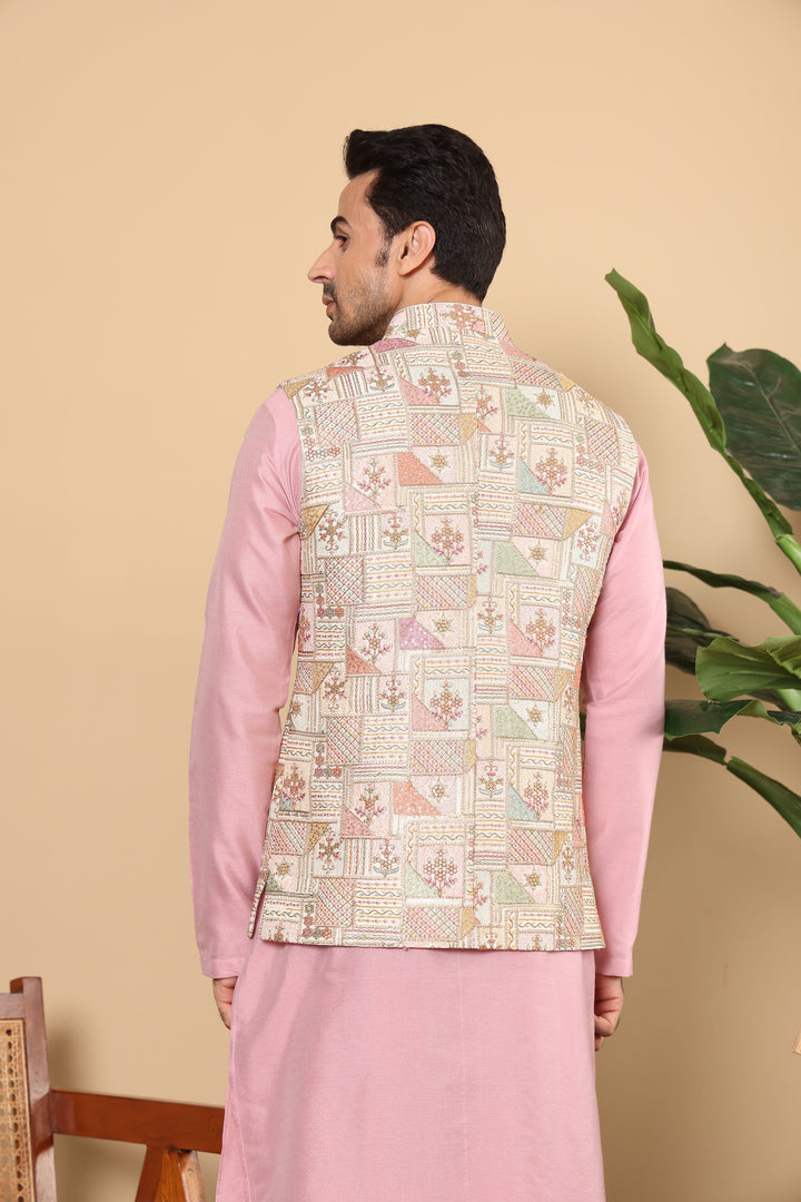 Men's Woven Design Multi-Colour Embroidered Nehru Jacket | SHOBITAM