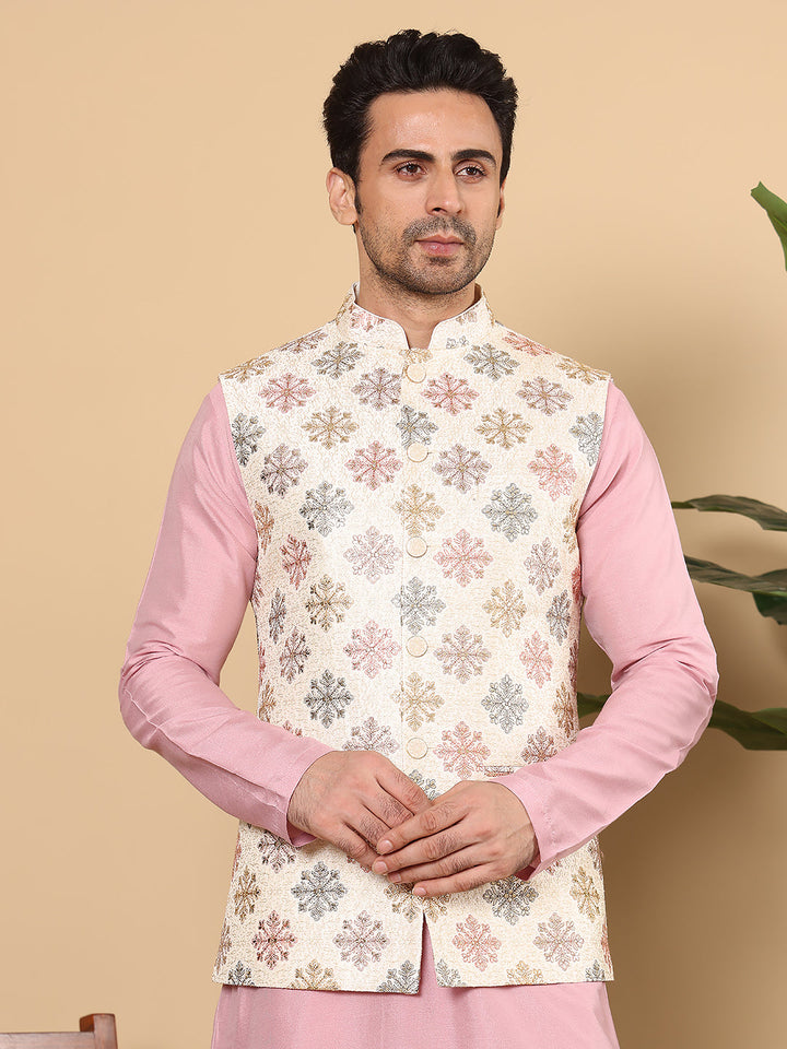 Men's Woven Design White Embroidered Nehru Jacket | SHOBITAM