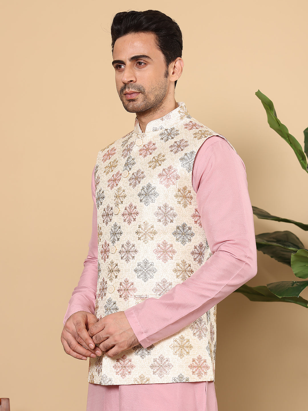Men's Woven Design White Embroidered Nehru Jacket | SHOBITAM