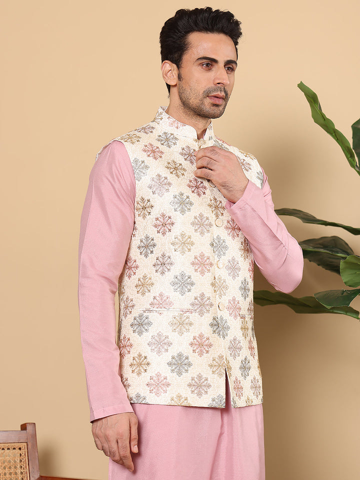 Men's Woven Design White Embroidered Nehru Jacket | SHOBITAM