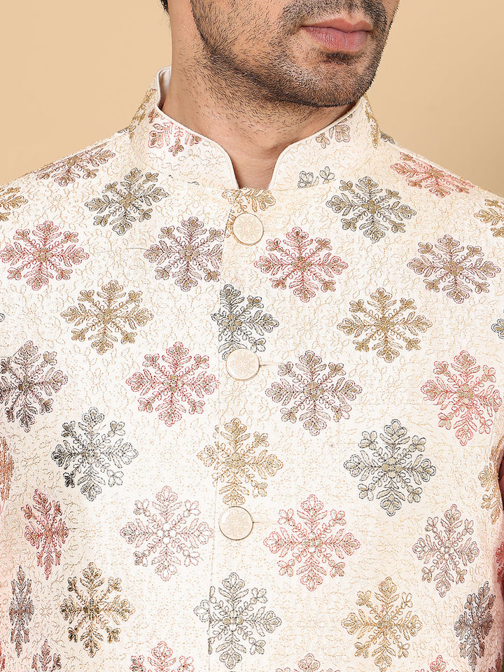 Men's Woven Design White Embroidered Nehru Jacket | SHOBITAM