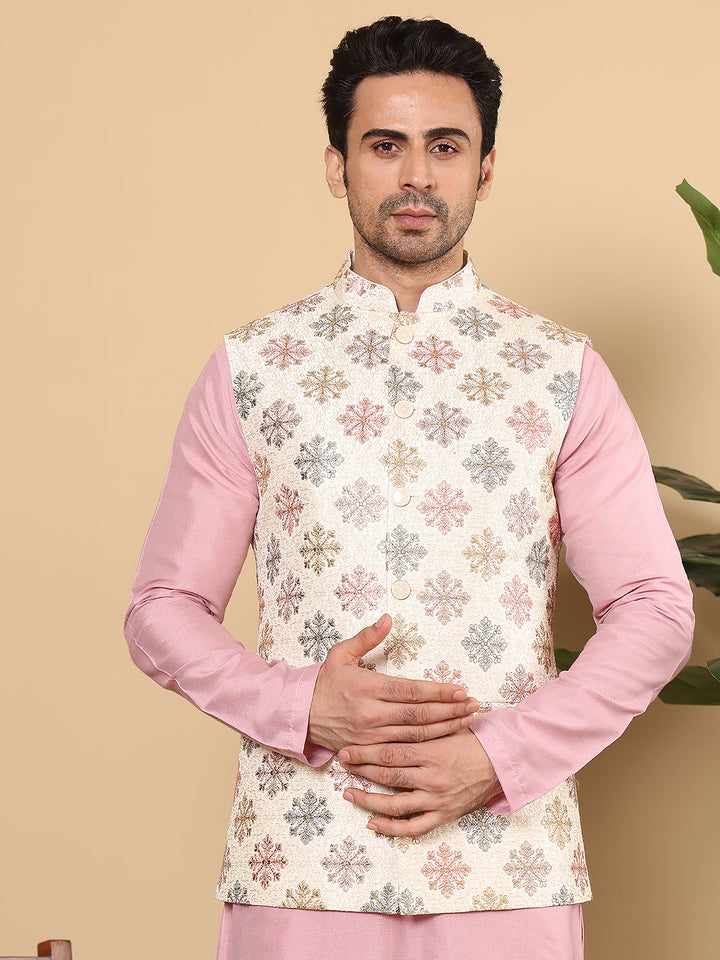 Men's Woven Design White Embroidered Nehru Jacket | SHOBITAM