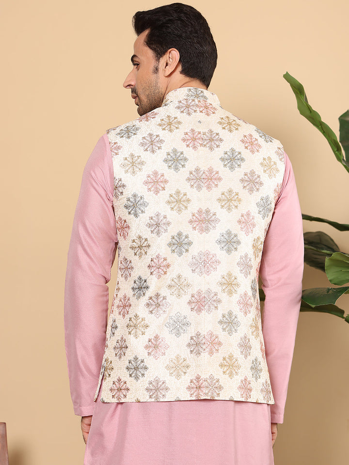Men's Woven Design White Embroidered Nehru Jacket | SHOBITAM