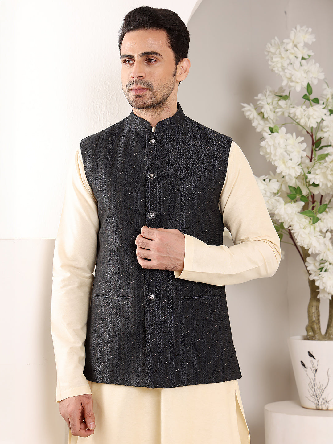 Men's Woven Design Black Embroidered Nehru Jacket | SHOBITAM