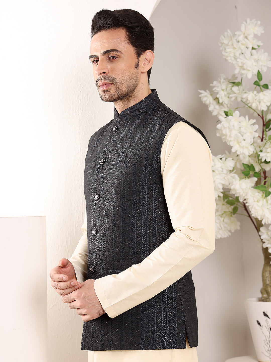 Men's Woven Design Black Embroidered Nehru Jacket | SHOBITAM