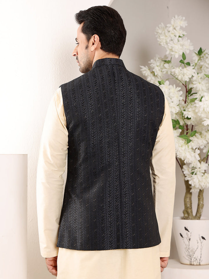 Men's Woven Design Black Embroidered Nehru Jacket | SHOBITAM