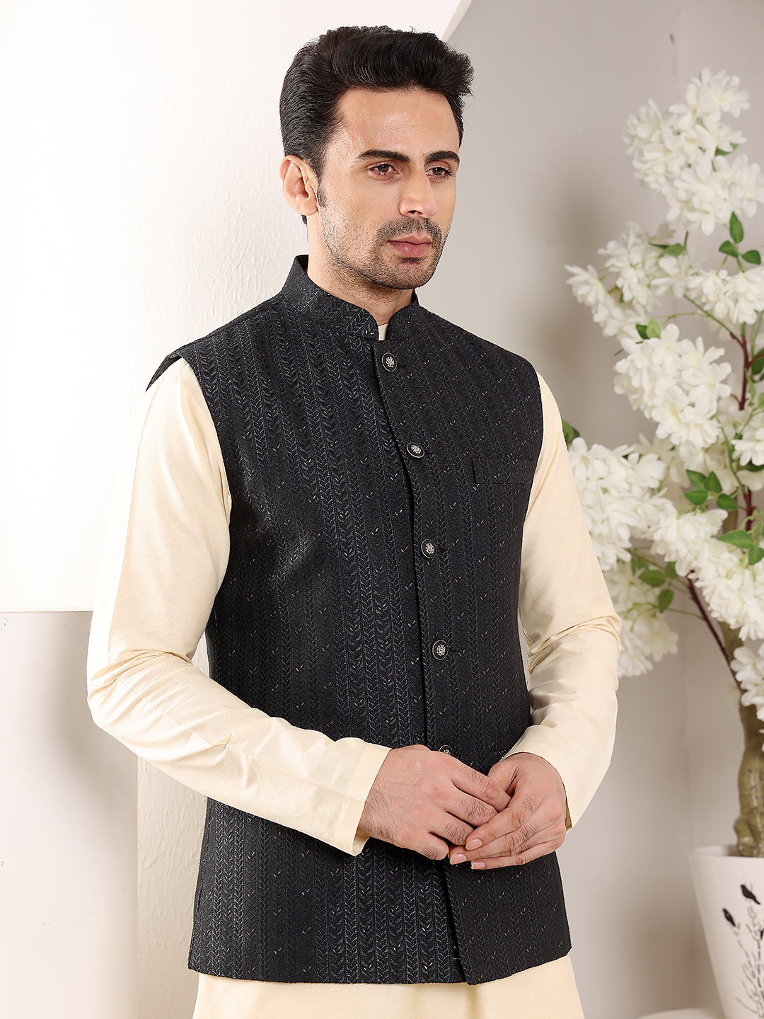 Men's Woven Design Black Embroidered Nehru Jacket | SHOBITAM