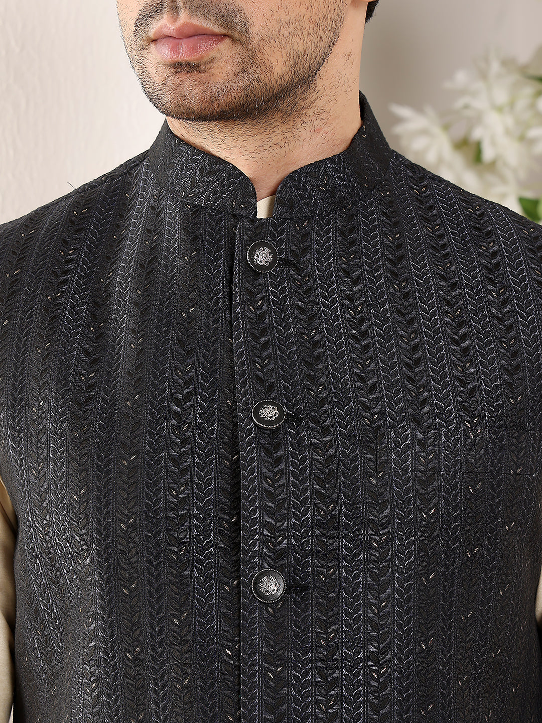 Men's Woven Design Black Embroidered Nehru Jacket | SHOBITAM