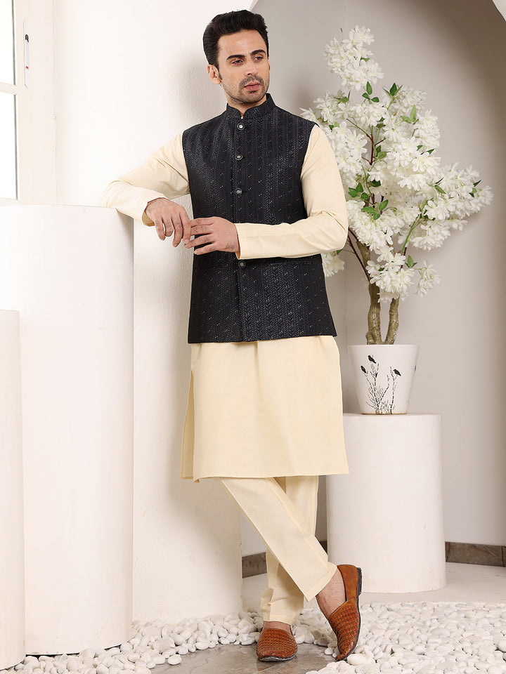 Men's Woven Design Black Embroidered Nehru Jacket | SHOBITAM