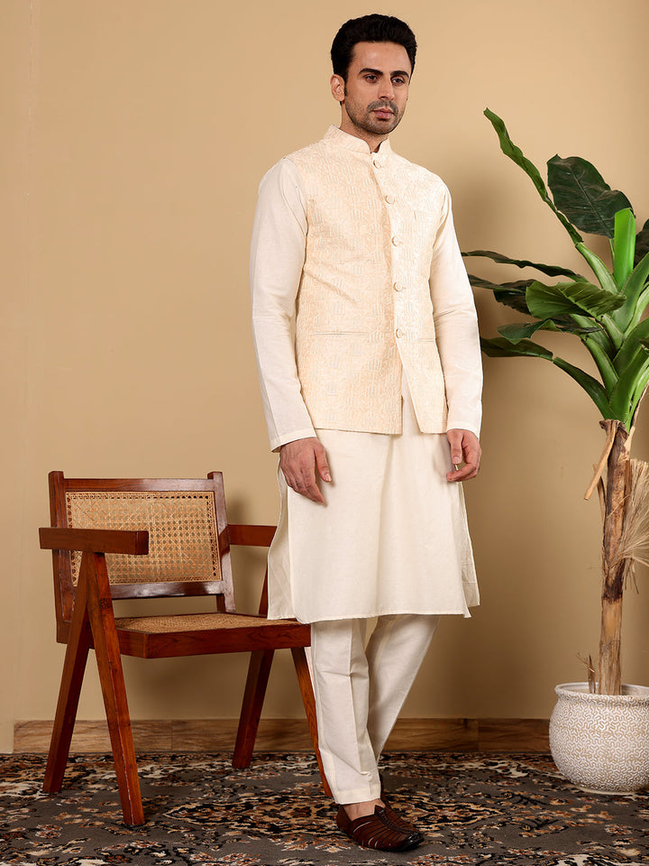 Men's Woven Design Cream Embroidered Nehru Jacket | SHOBITAM