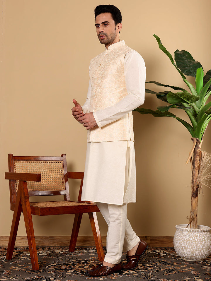 Men's Woven Design Cream Embroidered Nehru Jacket | SHOBITAM