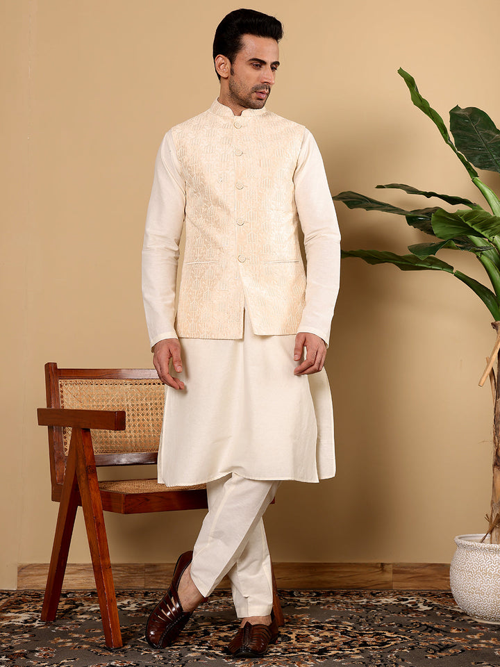 Men's Woven Design Cream Embroidered Nehru Jacket | SHOBITAM