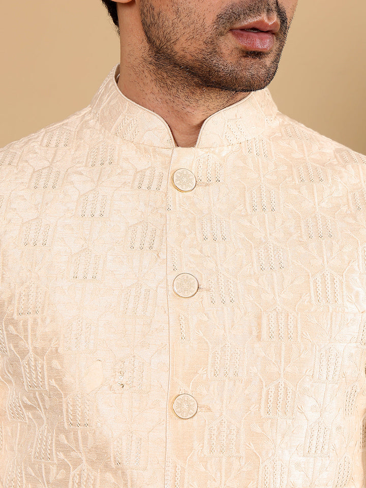 Men's Woven Design Cream Embroidered Nehru Jacket | SHOBITAM
