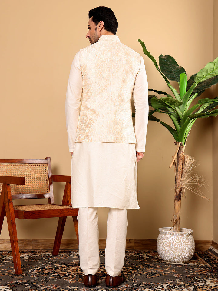 Men's Woven Design Cream Embroidered Nehru Jacket | SHOBITAM