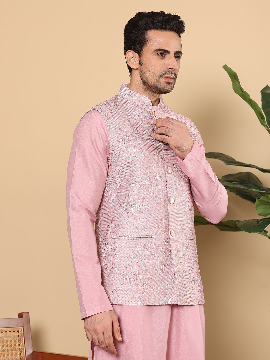 Men's Woven Design Pink Embroidered Nehru Jacket | SHOBITAM