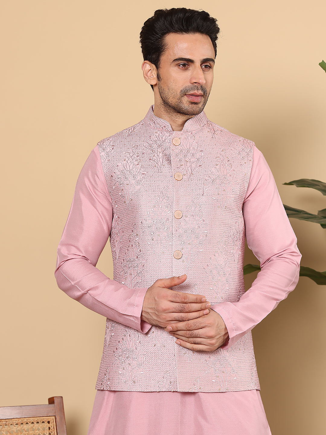Men's Woven Design Pink Embroidered Nehru Jacket | SHOBITAM