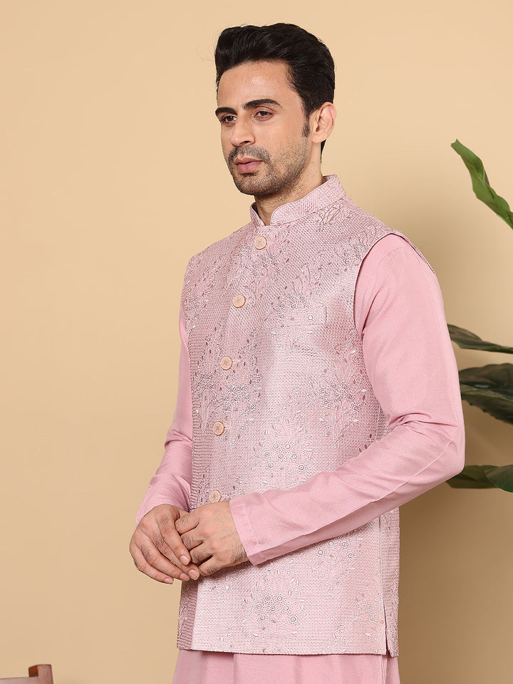Men's Woven Design Pink Embroidered Nehru Jacket | SHOBITAM