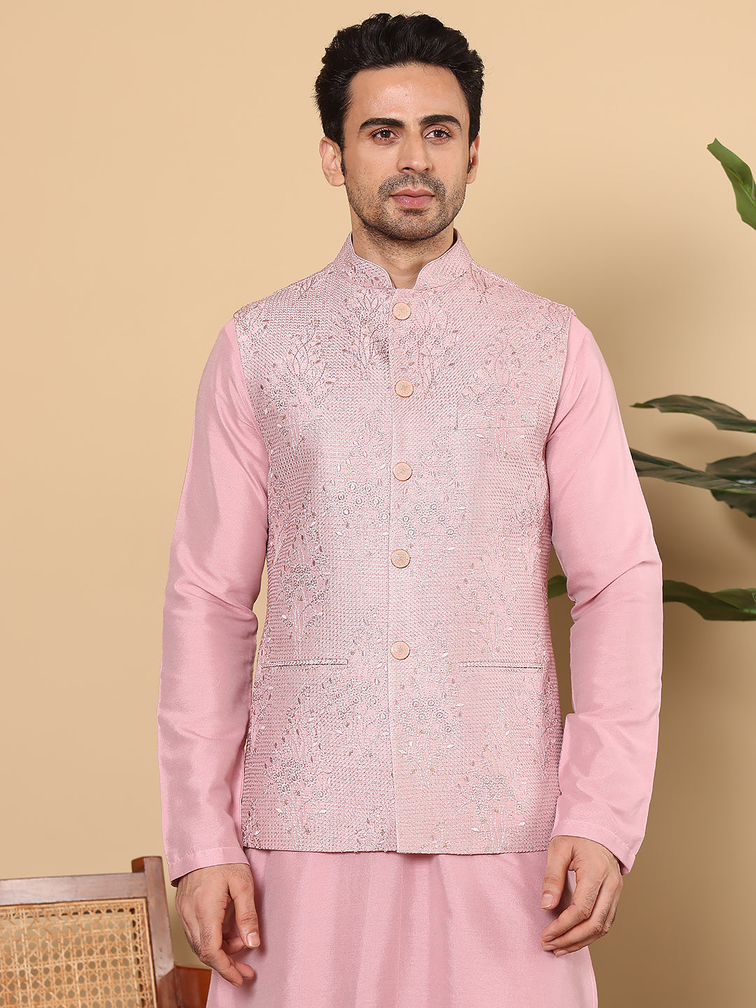 Men's Woven Design Pink Embroidered Nehru Jacket | SHOBITAM