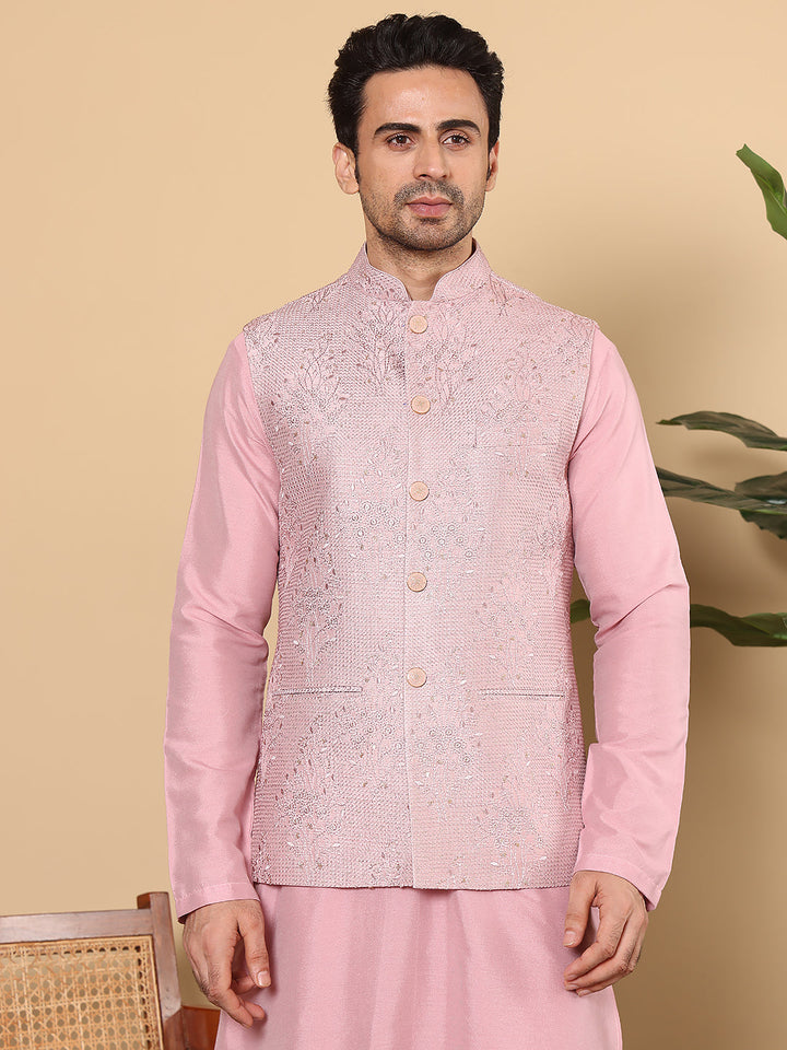 Men's Woven Design Pink Embroidered Nehru Jacket | SHOBITAM