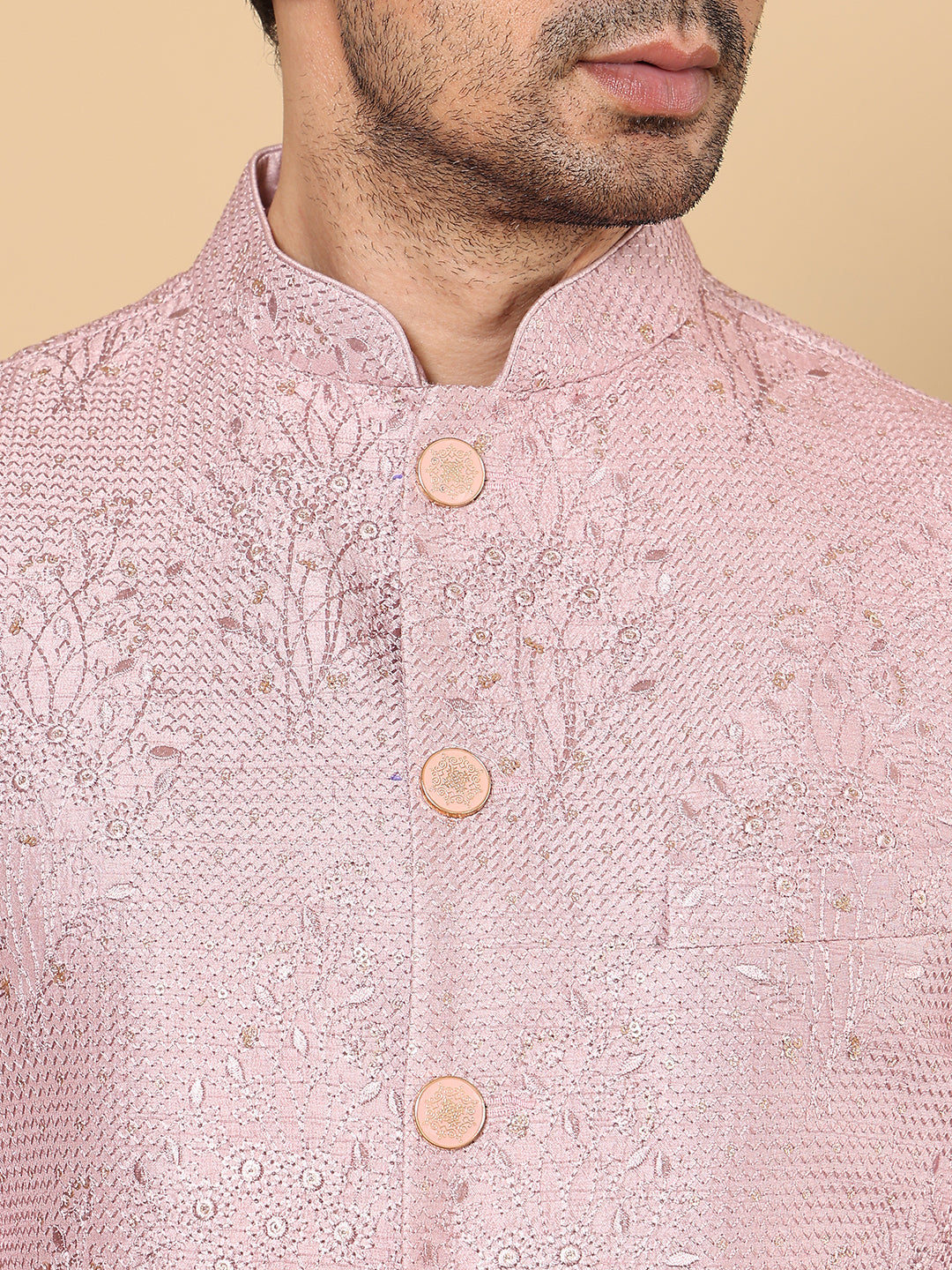 Men's Woven Design Pink Embroidered Nehru Jacket | SHOBITAM