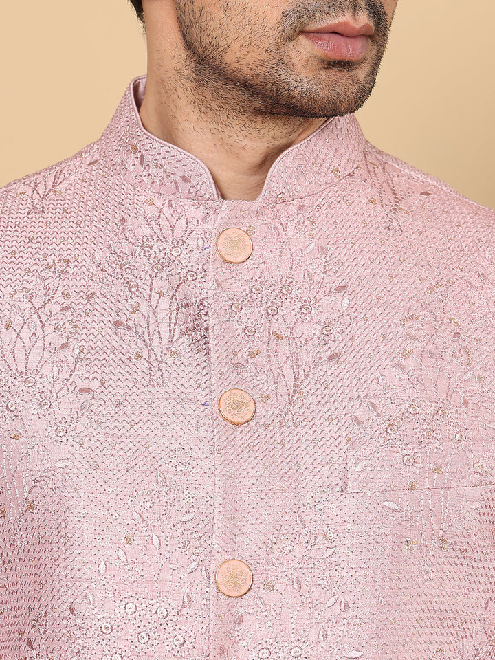Men's Woven Design Pink Embroidered Nehru Jacket | SHOBITAM
