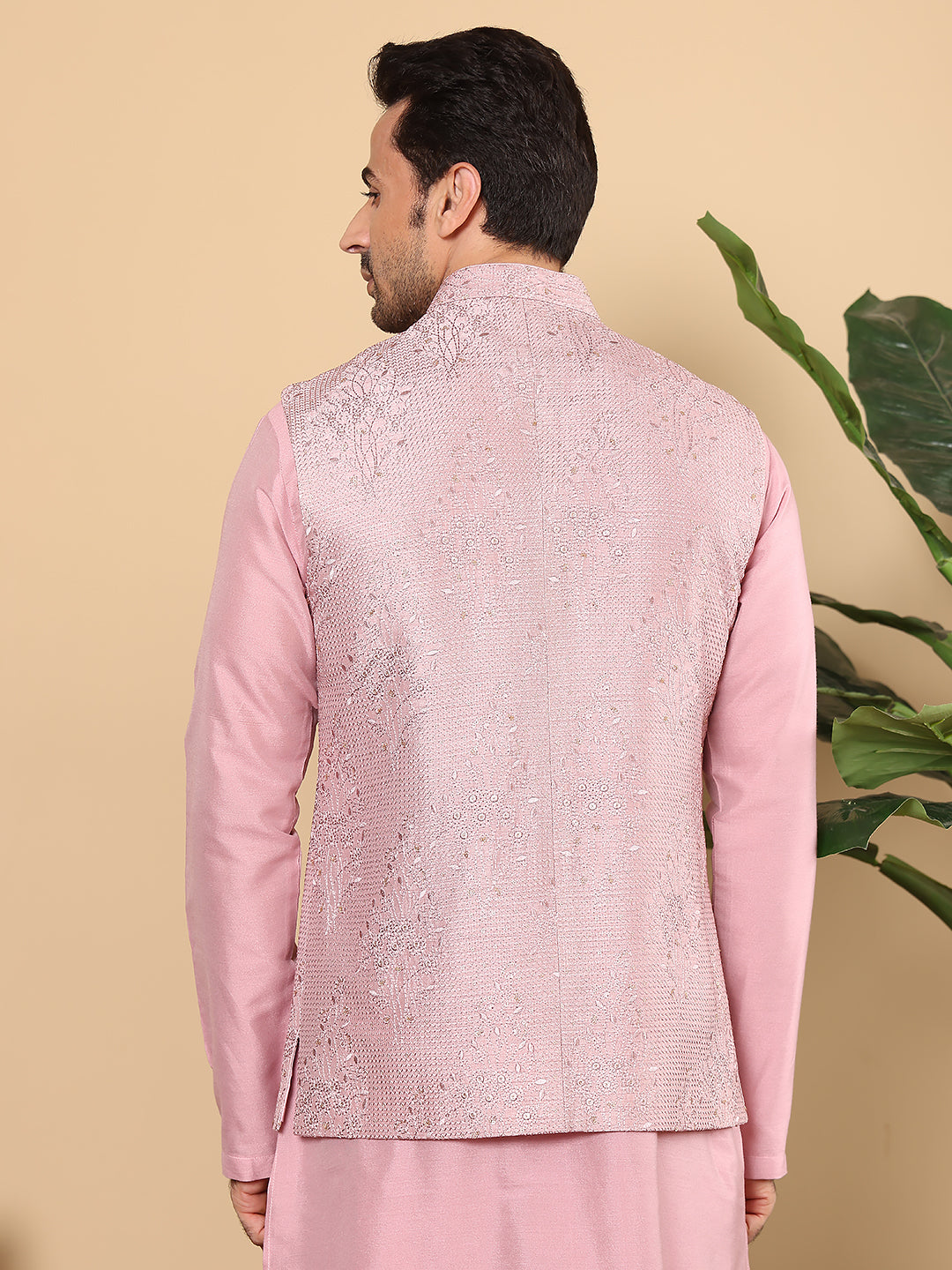 Men's Woven Design Pink Embroidered Nehru Jacket | SHOBITAM