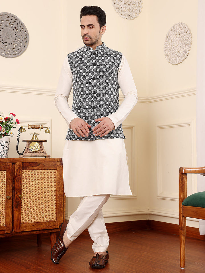Men's Woven Design Black and White Embroidered Nehru Jacket | SHOBITAM