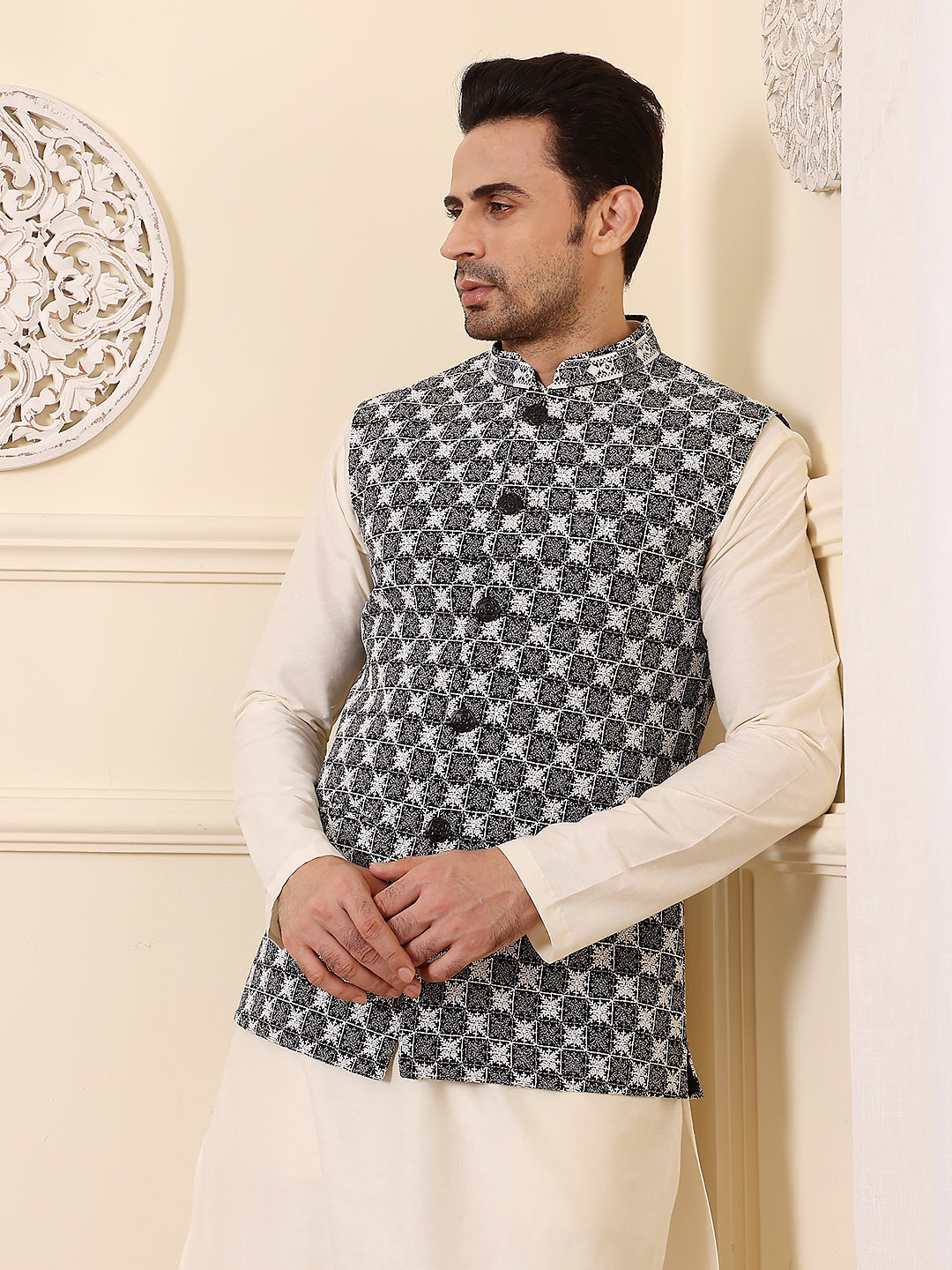 Men's Woven Design Black and White Embroidered Nehru Jacket | SHOBITAM