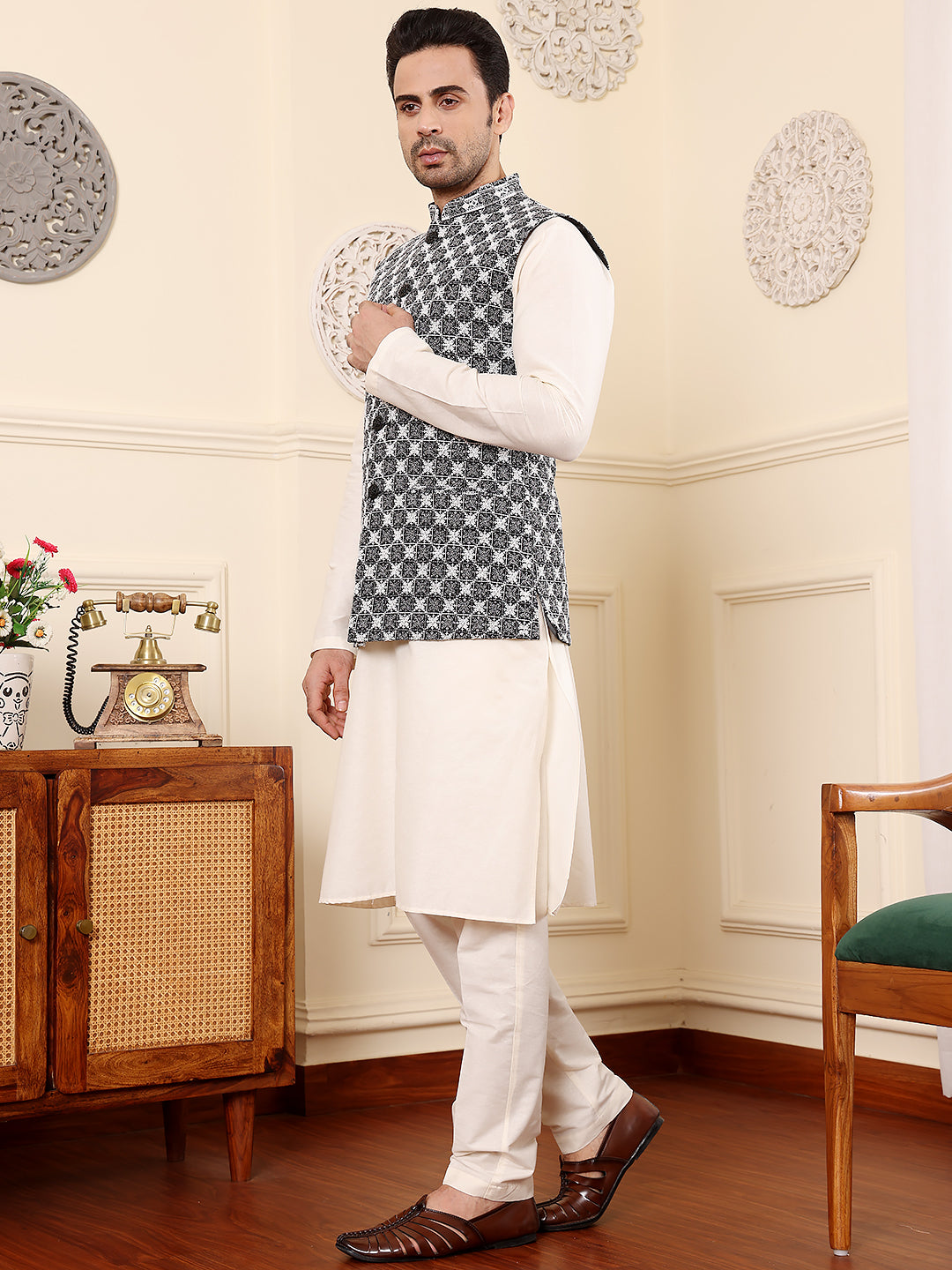 Men's Woven Design Black and White Embroidered Nehru Jacket | SHOBITAM