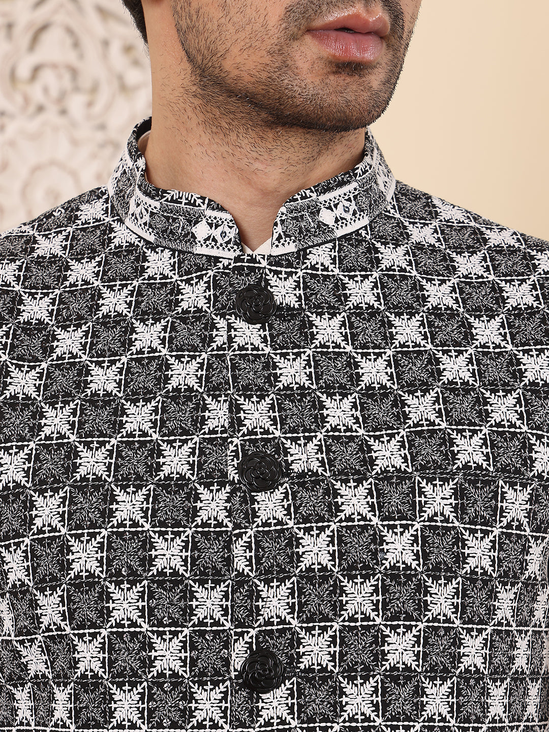 Men's Woven Design Black and White Embroidered Nehru Jacket | SHOBITAM