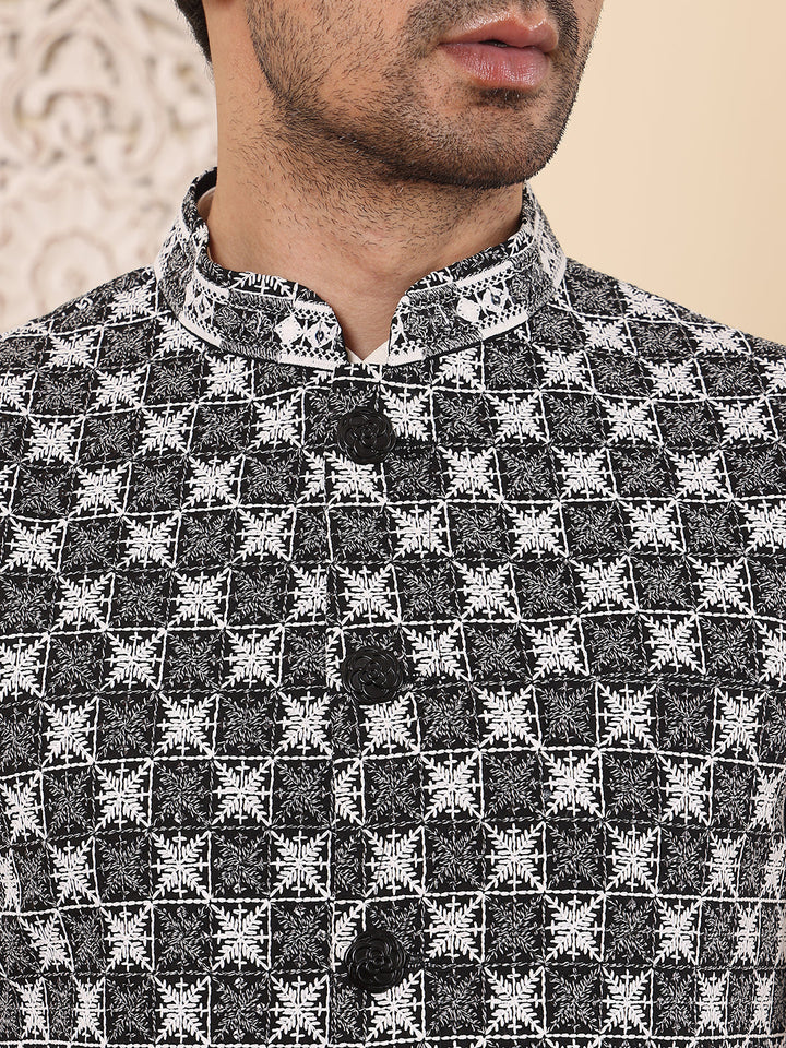 Men's Woven Design Black and White Embroidered Nehru Jacket | SHOBITAM