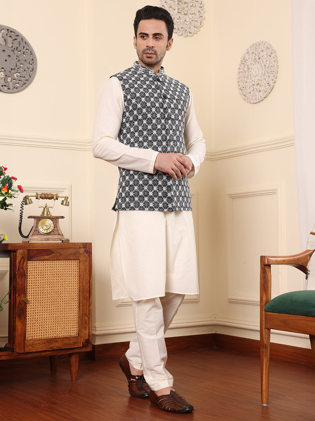 Men's Woven Design Black and White Embroidered Nehru Jacket | SHOBITAM