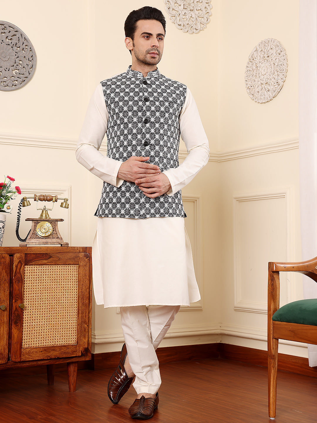 Men's Woven Design Black and White Embroidered Nehru Jacket | SHOBITAM