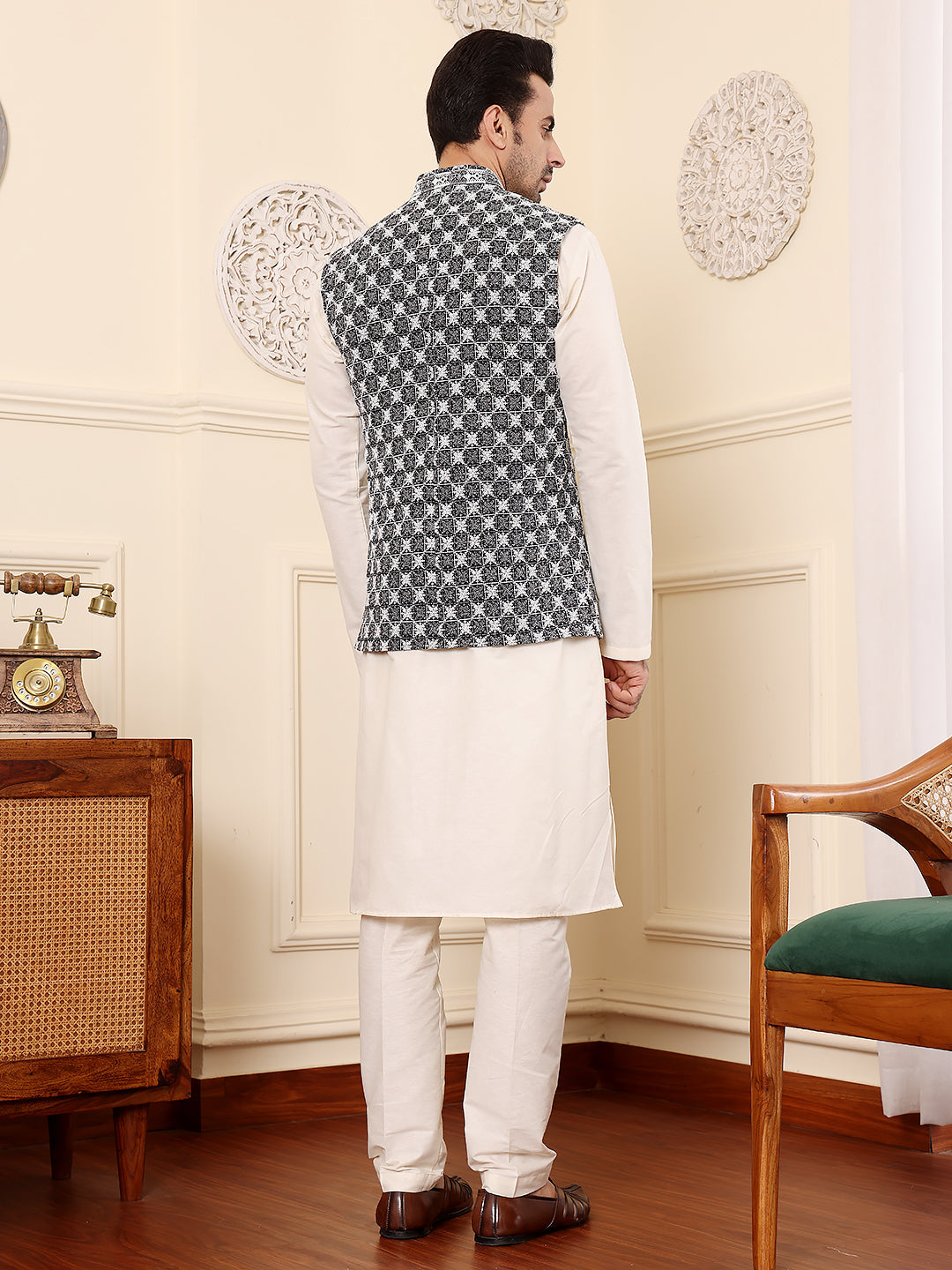 Men's Woven Design Black and White Embroidered Nehru Jacket | SHOBITAM