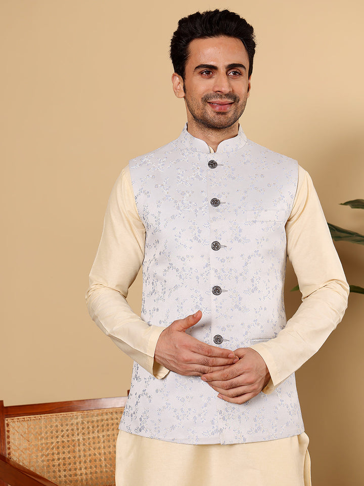 Silk Men's Woven Design Light Blue Embroidered Nehru Jacket | SHOBITAM