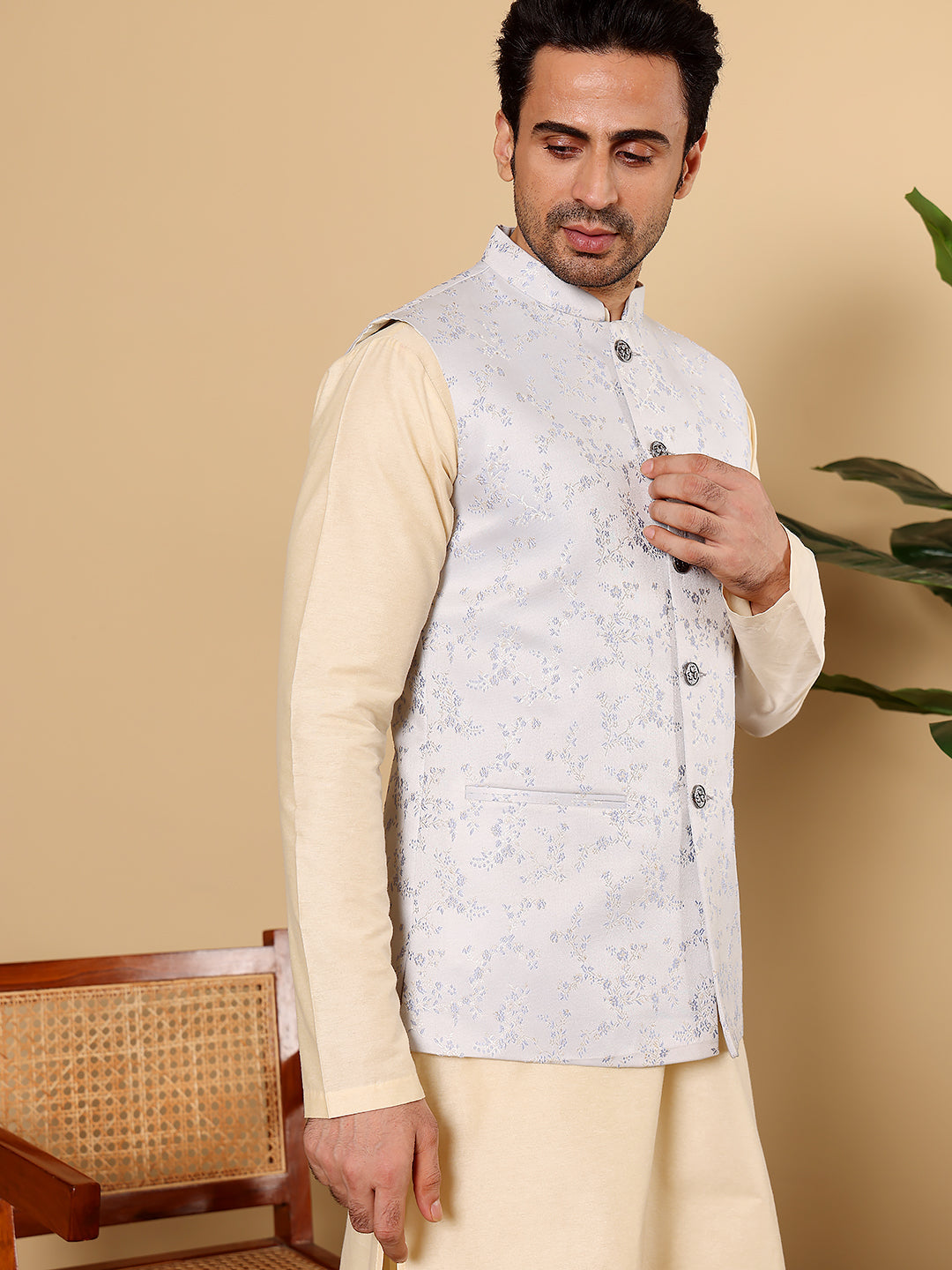 Silk Men's Woven Design Light Blue Embroidered Nehru Jacket | SHOBITAM