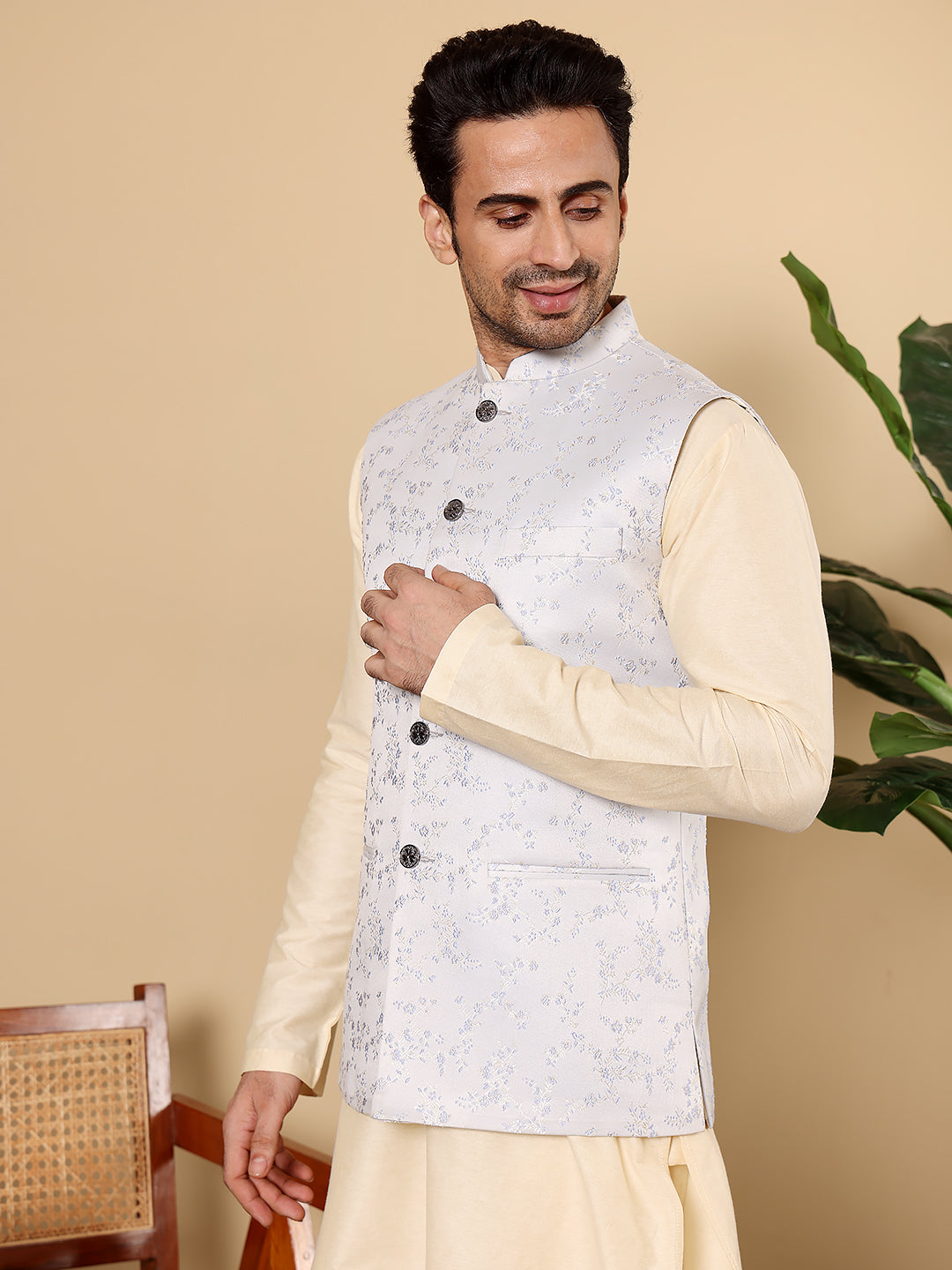 Silk Men's Woven Design Light Blue Embroidered Nehru Jacket | SHOBITAM
