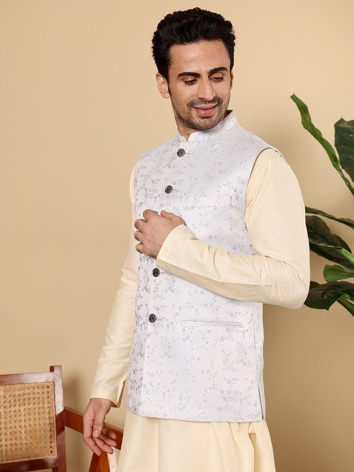 Silk Men's Woven Design Light Blue Embroidered Nehru Jacket | SHOBITAM