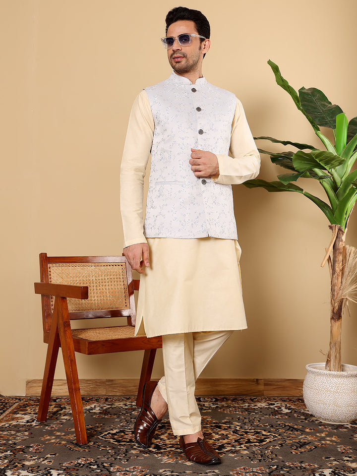 Silk Men's Woven Design Light Blue Embroidered Nehru Jacket | SHOBITAM