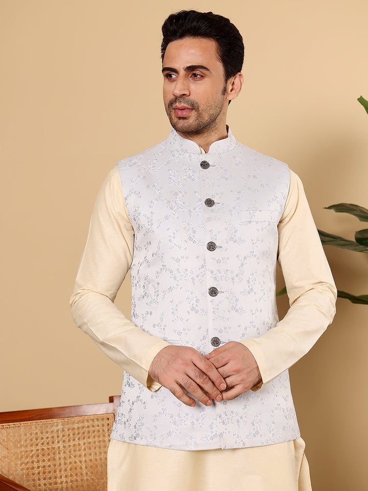 Silk Men's Woven Design Light Blue Embroidered Nehru Jacket | SHOBITAM