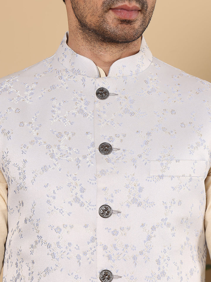 Silk Men's Woven Design Light Blue Embroidered Nehru Jacket | SHOBITAM