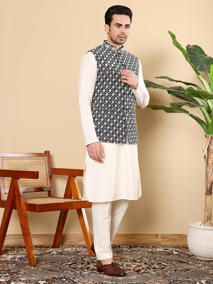 Silk Men's Woven Design Black and White Embroidered Nehru Jacket | SHOBITAM